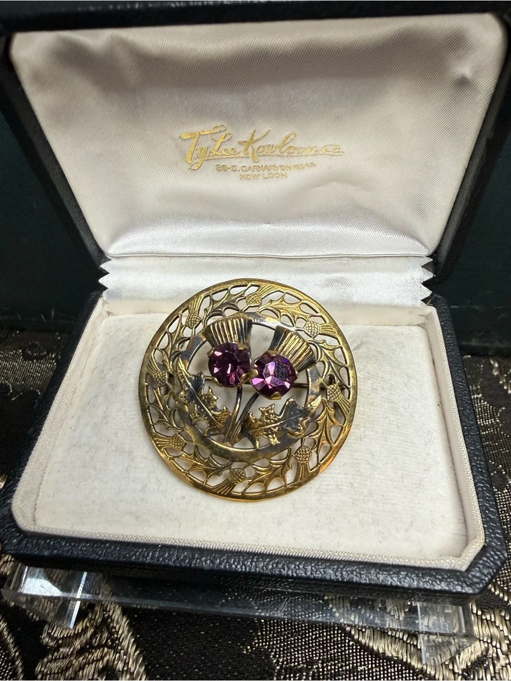 VTG Gold ToneThistle Brooch with Purple Rhinestones by Mizpah